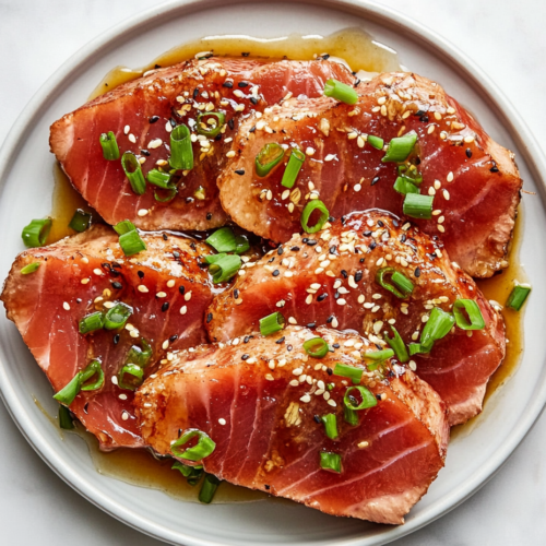 This image shows a close-up of the plated yellowfin tuna steak, seared to perfection with a golden crust, drizzled with a savory glaze, and garnished with sesame seeds and fresh green onions for added flavor and texture.