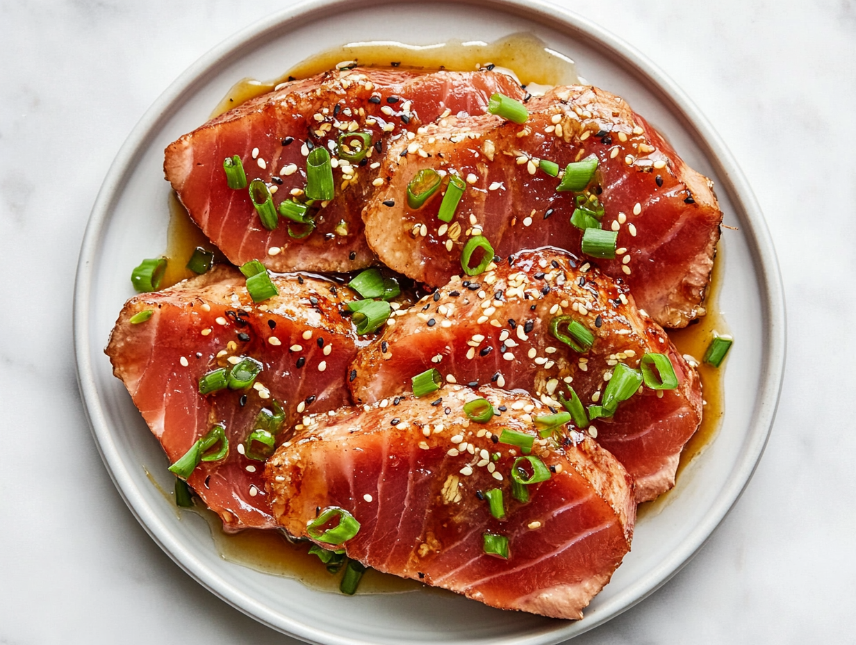 This image shows a close-up of the plated yellowfin tuna steak, seared to perfection with a golden crust, drizzled with a savory glaze, and garnished with sesame seeds and fresh green onions for added flavor and texture.