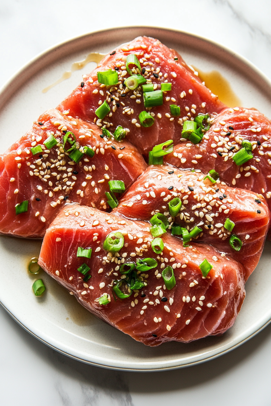 This image shows the finished yellowfin tuna steaks plated with a drizzle of the homemade glaze, sprinkled with sesame seeds, and garnished with sliced green onions.