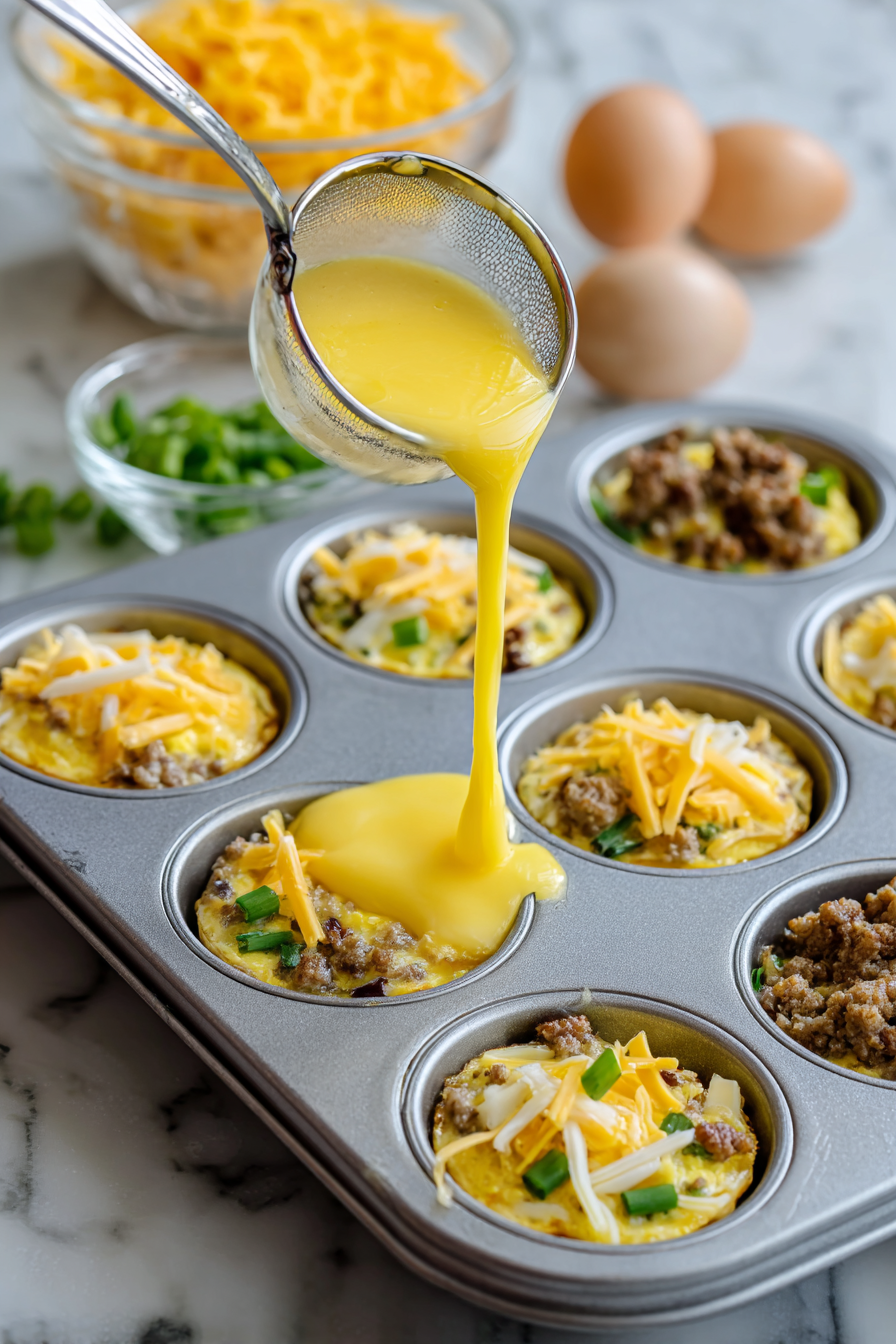 Pour this egg mixture evenly over the sausage and cheese in the muffin cups.