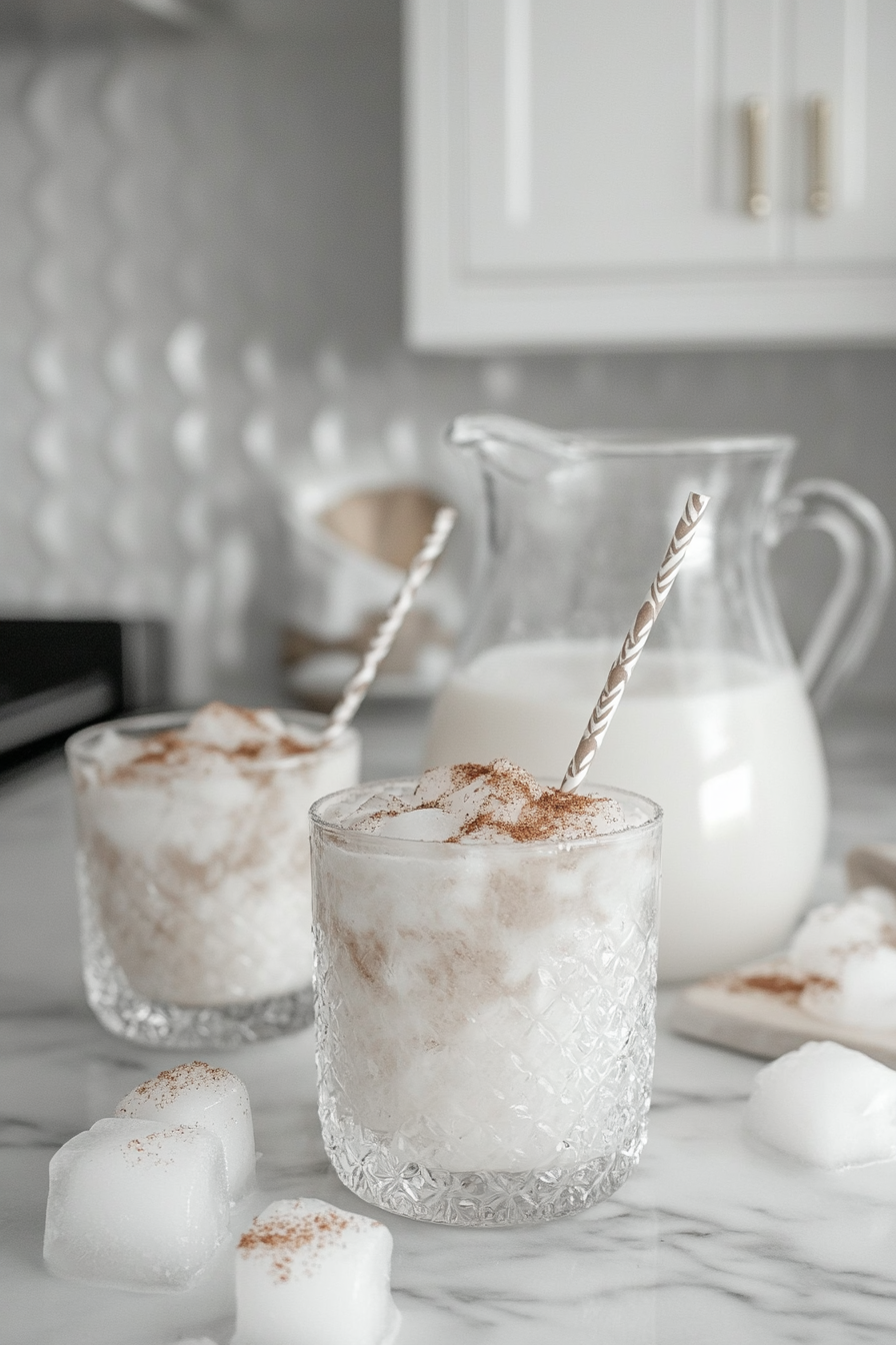 This image shows chilled horchata being poured over ice cubes in a clear glass, ready to be served as a refreshing drink perfect for warm days.