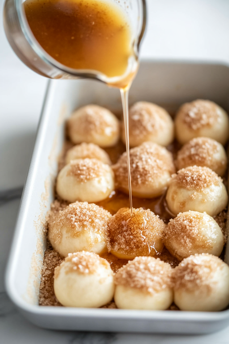 This image shows melted butter and brown sugar being poured over the layered dough balls, which will give the monkey bread its rich, sticky texture after baking.