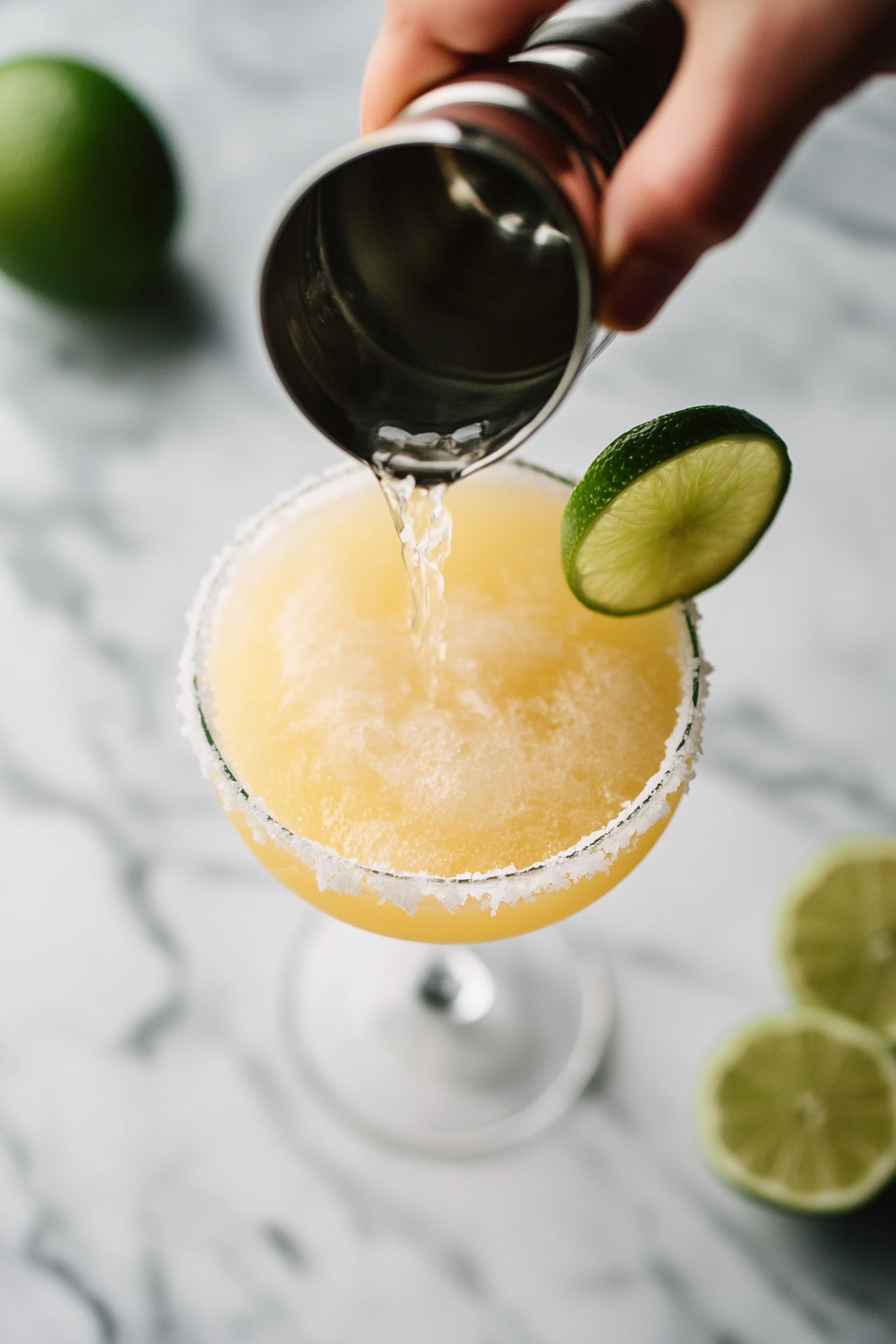 This image shows the margarita mixture being poured from the shaker into a glass filled with ice, ready to serve.