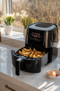 This image shows the air fryer being preheated for three minutes at 350°F, a necessary step to ensure the gammon steaks cook evenly and become crispy on the outside.