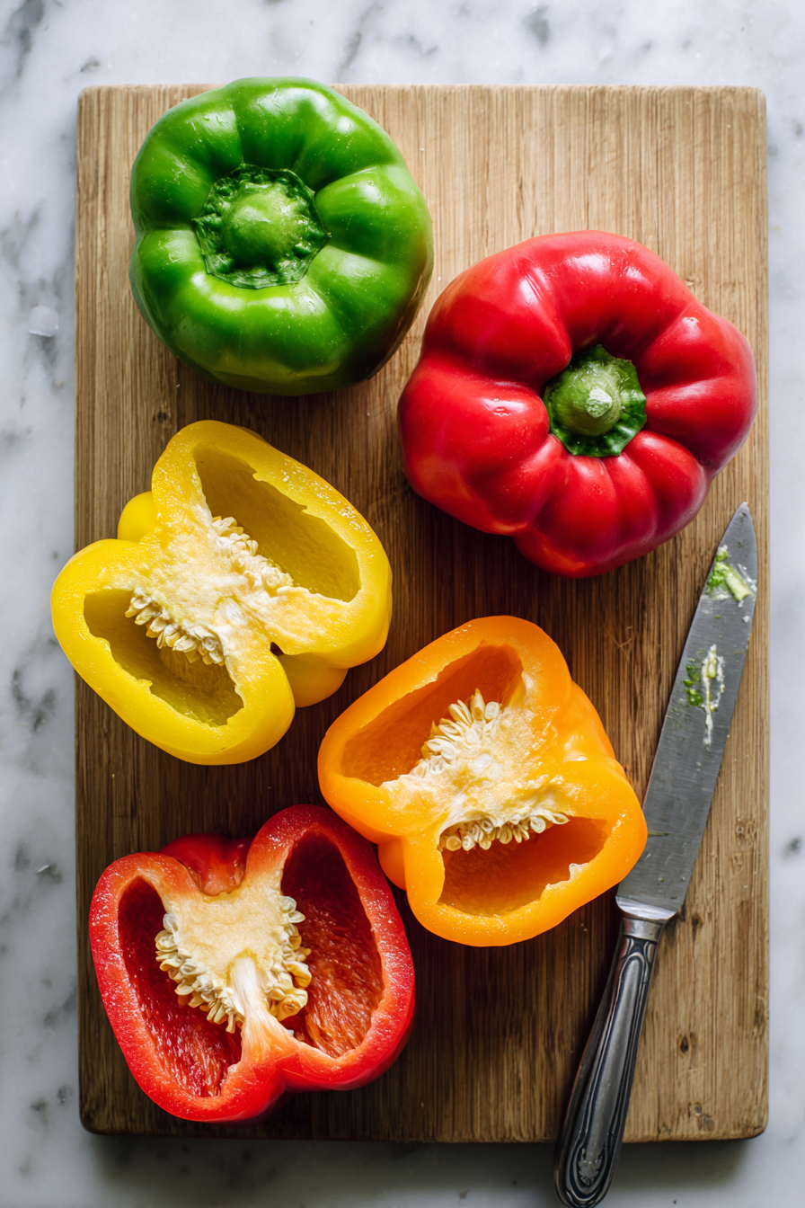 Wash and dry the bell peppers. Slice off the tops or cut them in half lengthwise through the stem.