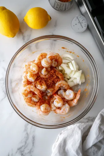 Top-down view of a large mixing bowl containing shrimp, olive oil, sliced onion, minced garlic, and lemon juice being coated with blackened seasoning. A measuring spoon and kitchen towel are nearby on a white marble countertop.