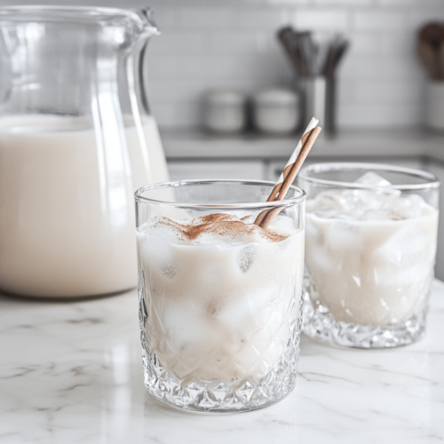 This image shows a refreshing glass of oat milk horchata filled with ice cubes and garnished with a sprinkle of cinnamon, showcasing the creamy texture and delightful flavors of this authentic Mexican drink.