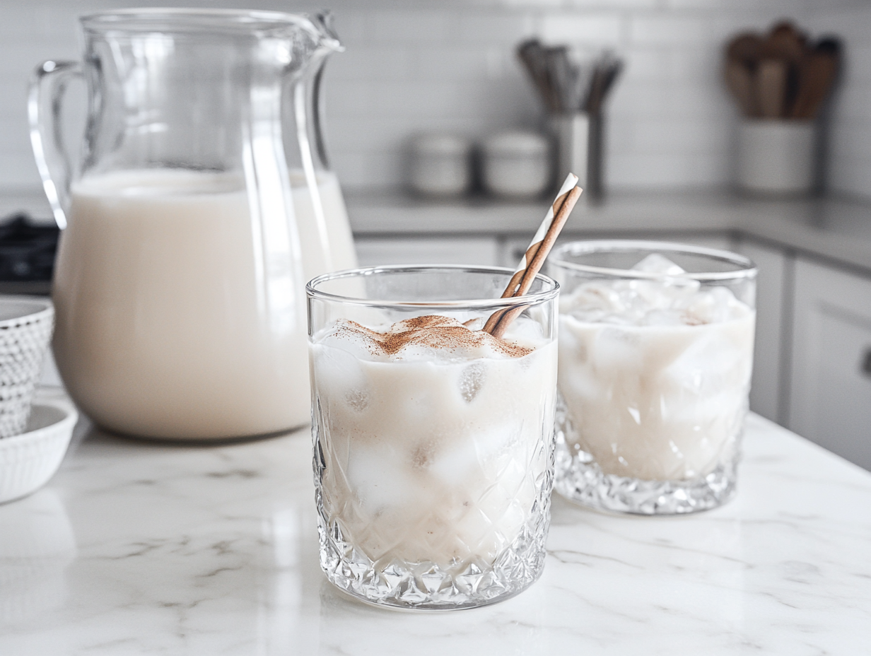 This image shows a refreshing glass of oat milk horchata filled with ice cubes and garnished with a sprinkle of cinnamon, showcasing the creamy texture and delightful flavors of this authentic Mexican drink.