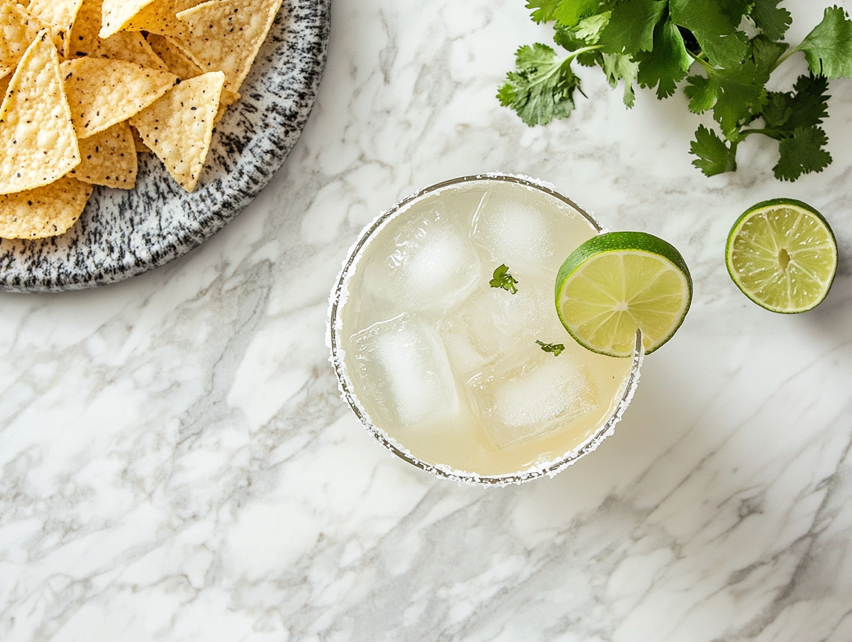 This image shows a refreshing margarita served in a chilled glass, featuring a salted rim and garnished with a lime wedge, showcasing the perfect balance of tequila, lime, and sweetness.