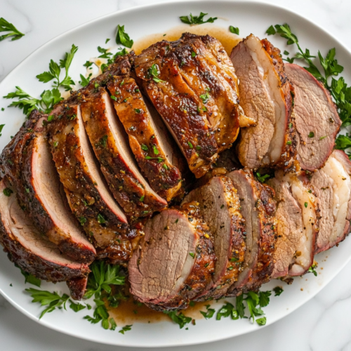 This image shows a perfectly roasted pork ribeye roast, golden brown and glazed with a sweet and tangy honey Dijon mixture, sitting on a cutting board ready to be sliced and served as the main dish for dinner.