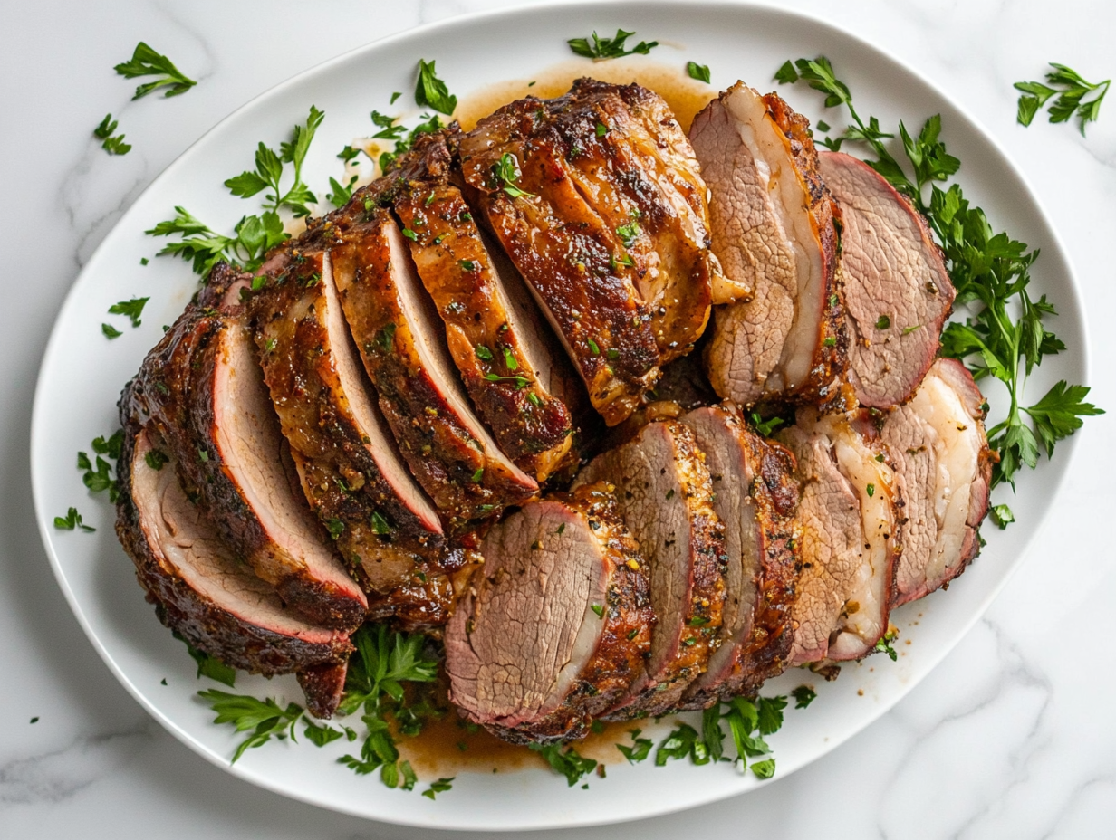 This image shows a perfectly roasted pork ribeye roast, golden brown and glazed with a sweet and tangy honey Dijon mixture, sitting on a cutting board ready to be sliced and served as the main dish for dinner.