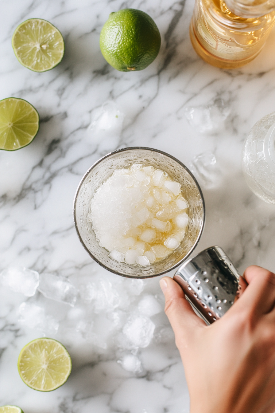 This image shows tequila, freshly squeezed lime juice, and homemade simple syrup being added to a cocktail shaker, the key ingredients for a refreshing margarita.