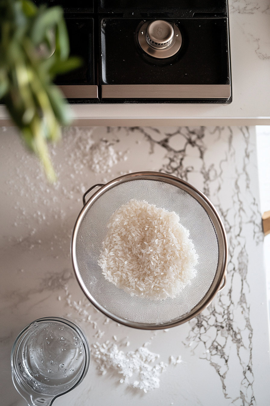 This image shows Calrose rice being rinsed under cold water in a strainer, ensuring the excess starch is washed away before cooking.