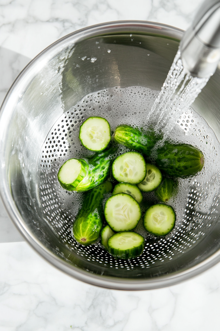 This image shows cucumbers being thoroughly rinsed in fresh water to remove any lime residue, preparing them for the next steps of the pickling process.