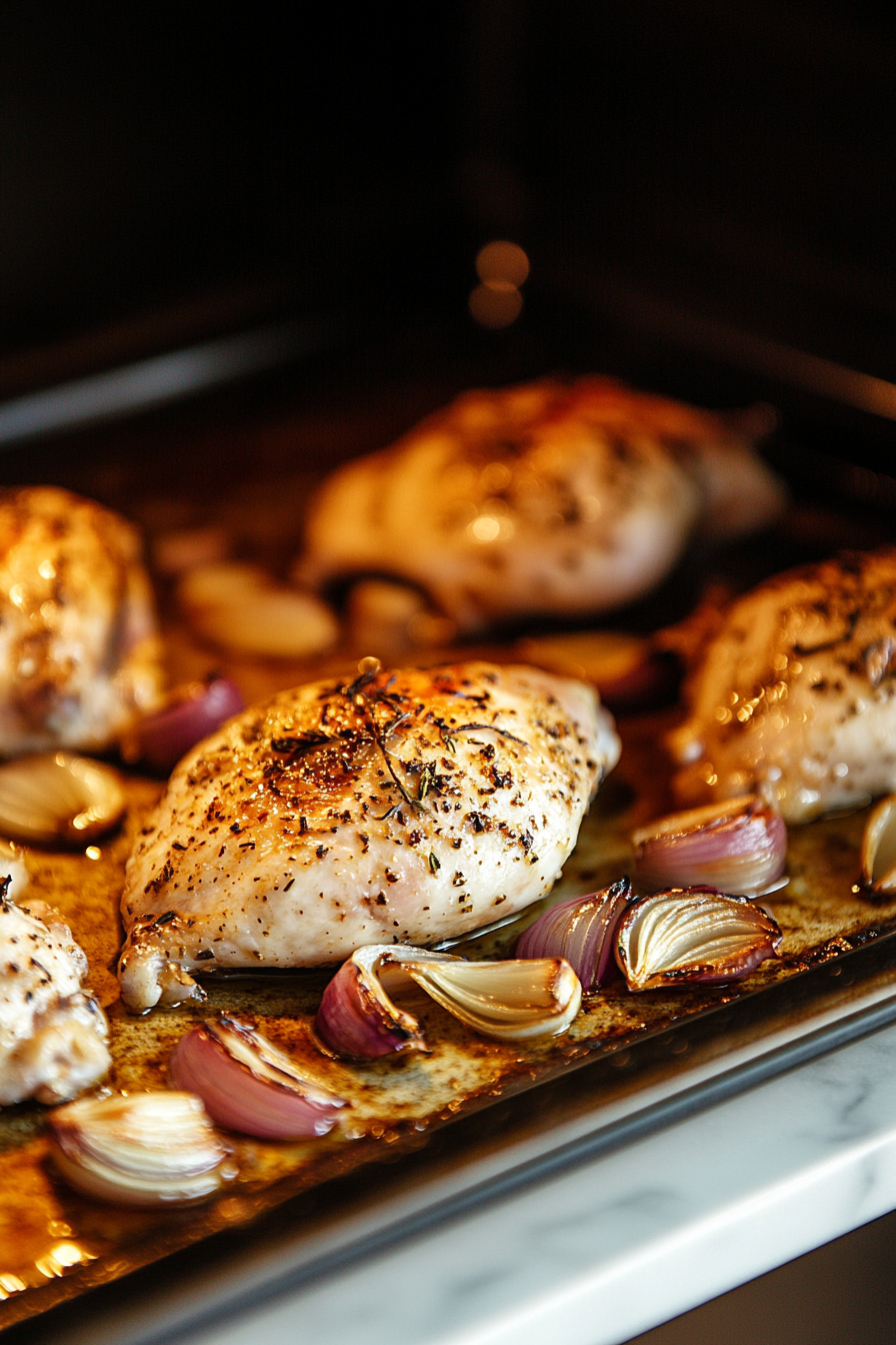 This image shows the chicken and shallots baking in the oven, where the orange marmalade glaze begins to caramelize, giving the chicken a golden-brown finish.