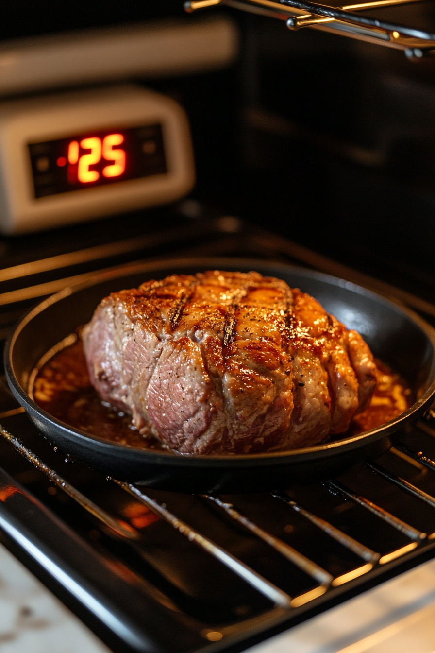 This image shows the pork ribeye roast baking in the oven, golden and covered with a honey Dijon glaze, cooking evenly as it reaches the ideal internal temperature.