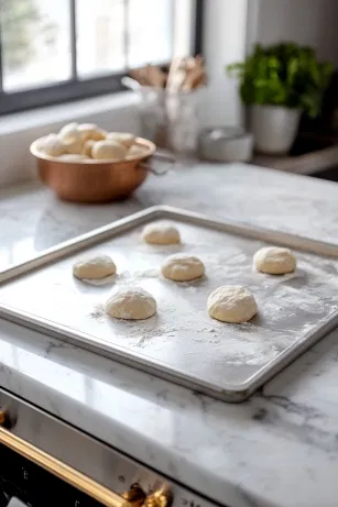 The dough is rolled thin, about 1/8 inch, on a floured surface on the marble cooktop. It’s prepared for baking by transferring it to a greased baking sheet or rolling it directly onto a baking stone.