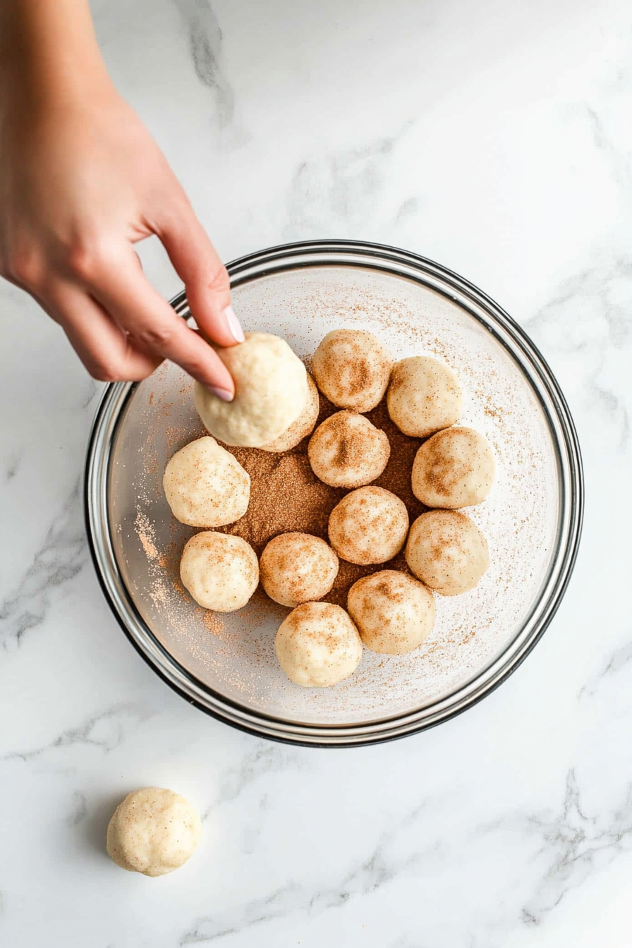 This image shows the dough balls being coated in a cinnamon and sugar mixture to give the monkey bread its sweet and spiced flavor.