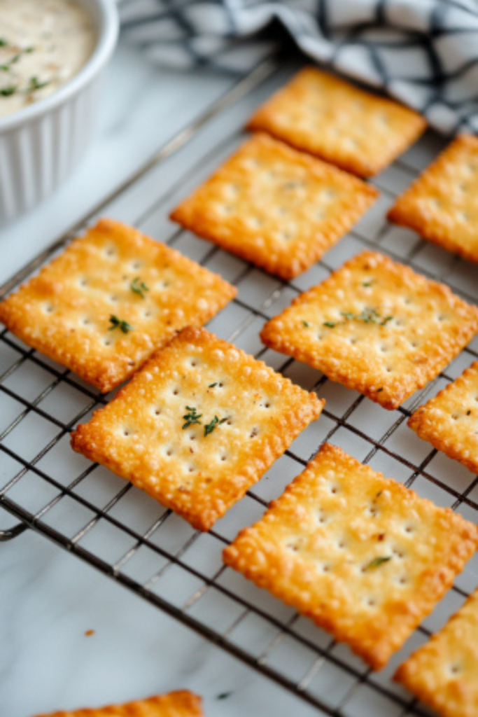 The finished crackers cool on a wire rack on the marble cooktop, ready to enjoy on their own or paired with a favorite dip.