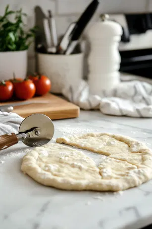 A pizza cutter on the marble cooktop scores the dough, marking it into cracker-sized pieces, getting it ready for baking.