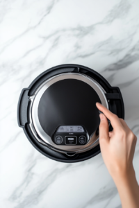 This image shows the Instant Pot being securely sealed with the lid, set to cook Calrose rice under high pressure for perfectly fluffy results.