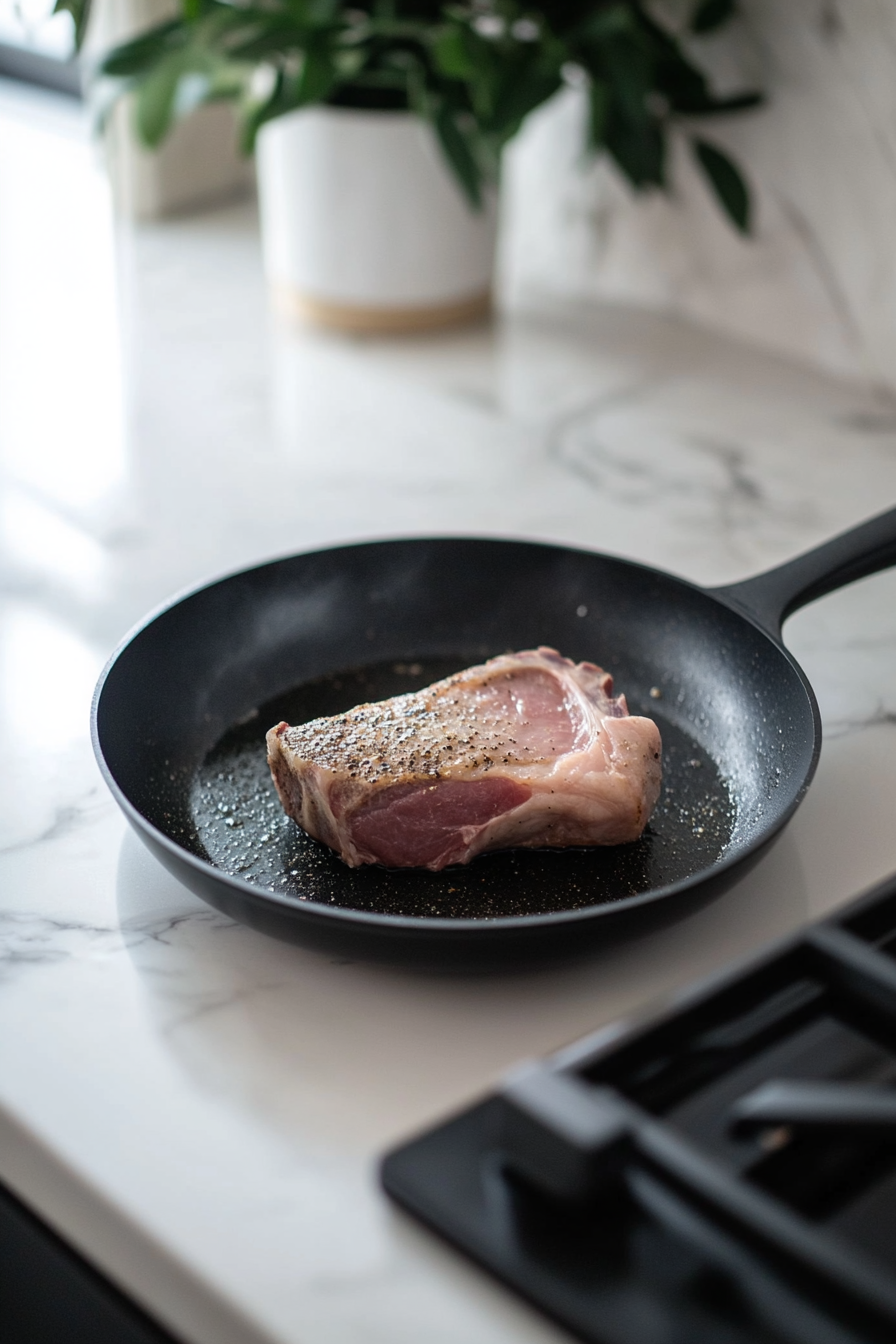 This image shows a pork ribeye roast being seasoned with salt and freshly ground pepper on a cutting board, preparing it for searing in a hot skillet to lock in flavor and moisture.