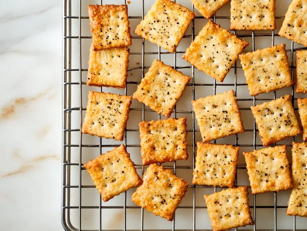 The finished crackers cool on a wire rack on the marble cooktop, ready to enjoy on their own or paired with a favorite dip.