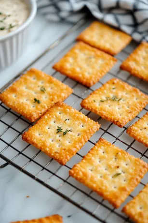 The finished crackers cool on a wire rack on the marble cooktop, ready to enjoy on their own or paired with a favorite dip.