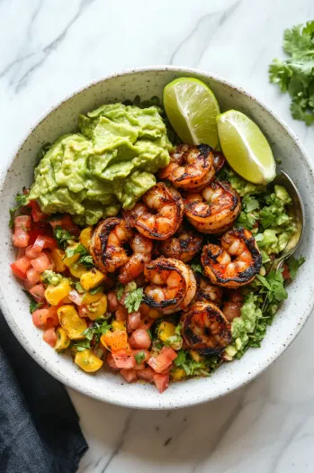 Top-down view of the completed blackened shrimp salad bowl, garnished with lime wedges and guacamole, ready to serve. A serving spoon is placed beside the bowl on the white marble cooktop