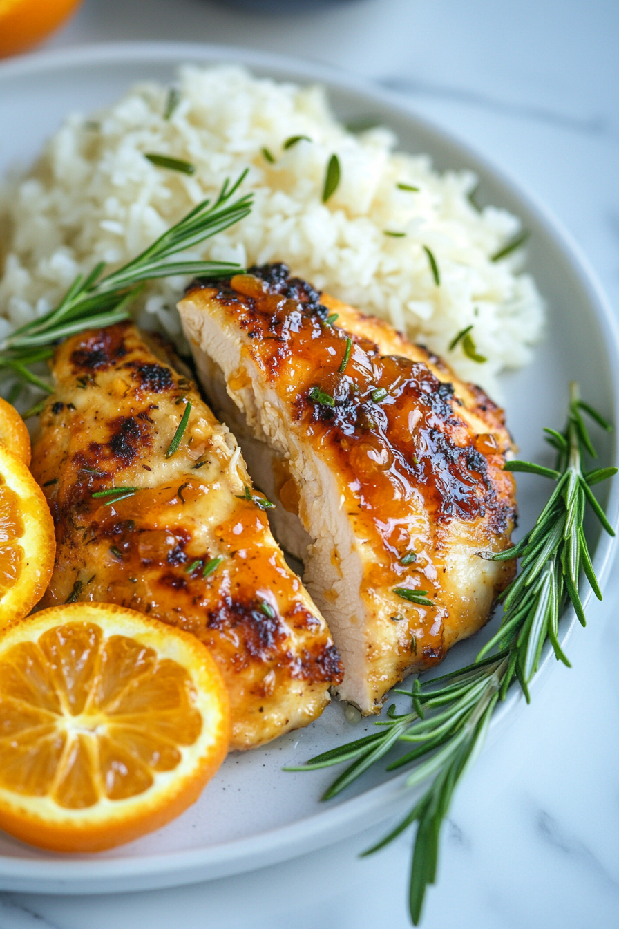 This image shows the completed Orange Marmalade Chicken dish, served with caramelized shallots on a plate, ready to be enjoyed with side dishes.