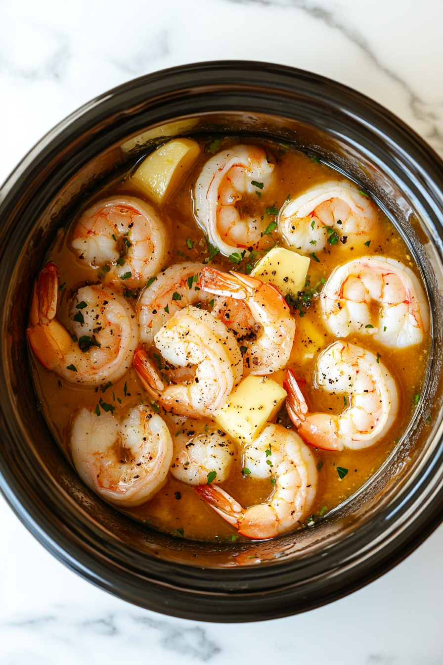 This image shows the slow cooker being set to cook the shrimp scampi, with the lid on and the timer set to high for 2 hours.