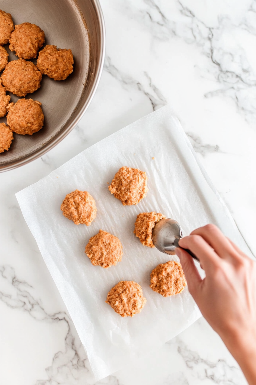 This image shows the salmon mixture being carefully shaped into evenly sized patties, ready to be cooked to golden perfection in a skillet.