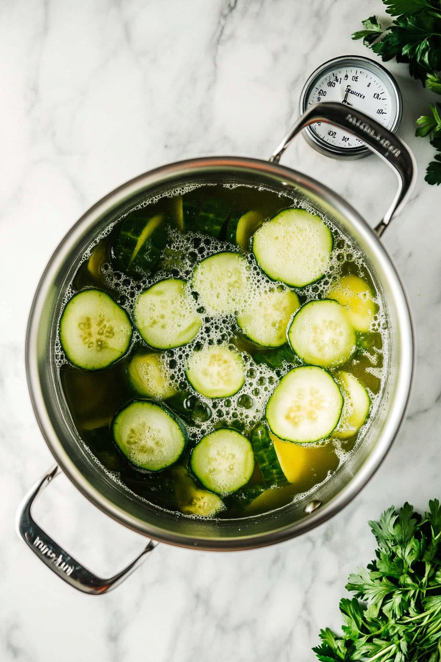 This image shows the cucumbers being simmered in the hot pickling brine mixture, allowing the flavors to infuse into the cucumbers for delicious sweet pickles.