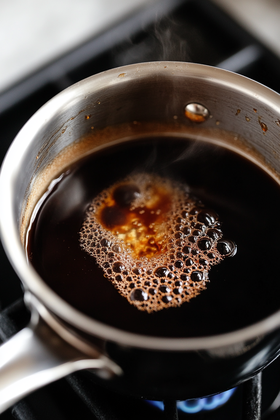 This image shows the sugar syrup simmering on the stovetop, with small bubbles forming as it cooks to thicken into a smooth syrup.