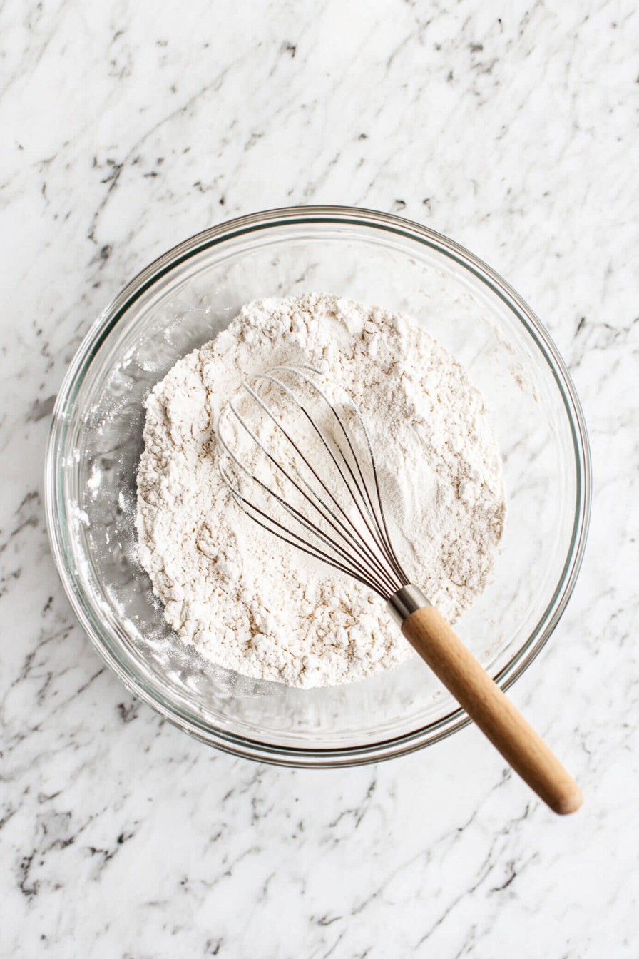 This image shows uncooked quick-cooking grits being slowly poured into the saucepan of hot broth and milk, beginning the cooking process for the creamy Gouda grits.