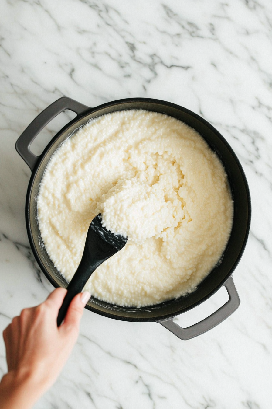 This image shows uncooked grits being gradually poured into a saucepan filled with boiling chicken broth and milk, while stirring to avoid lumps.