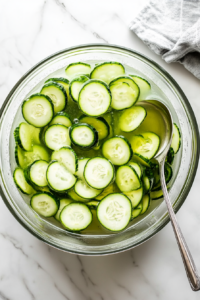 This image shows sliced cucumbers being soaked in a lime water solution inside a large container, an essential step to achieve crispness in the sweet pickles.