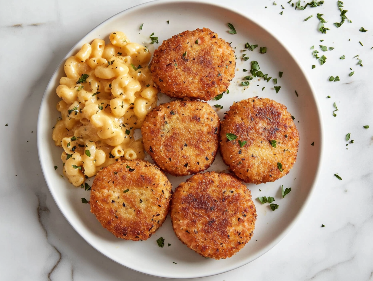 This image shows a plate of perfectly cooked Southern salmon patties, garnished with fresh herbs, served alongside mac and cheese and other classic Southern sides, ready to be enjoyed.