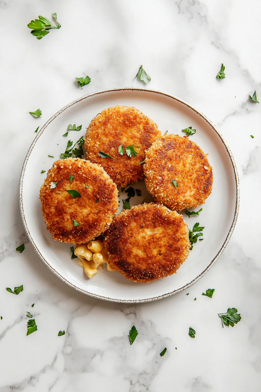 This image shows the finished Southern salmon patties served hot on a plate, accompanied by traditional sides like macaroni and cheese and fried green tomatoes, making a delicious Southern meal.