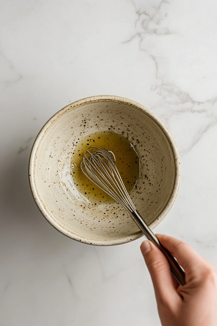 is image shows a hand mixing honey, Dijon mustard, and apple cider vinegar in a small bowl, preparing the sweet and tangy glaze for the pork ribeye roast.