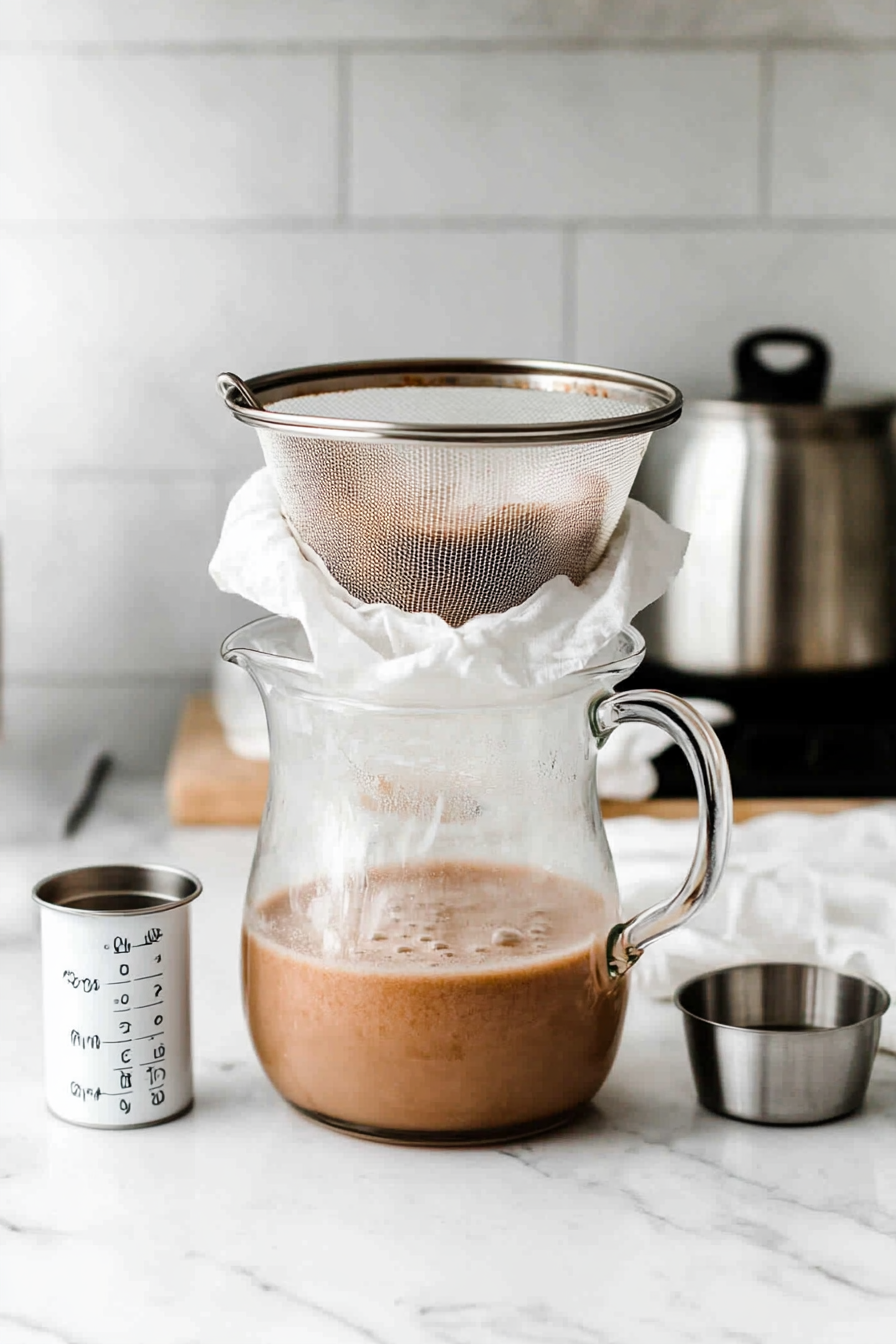 This image shows the blended horchata mixture being poured through a fine strainer into a pitcher, highlighting the process of separating the liquid from the solid sediment to achieve a smooth drink.