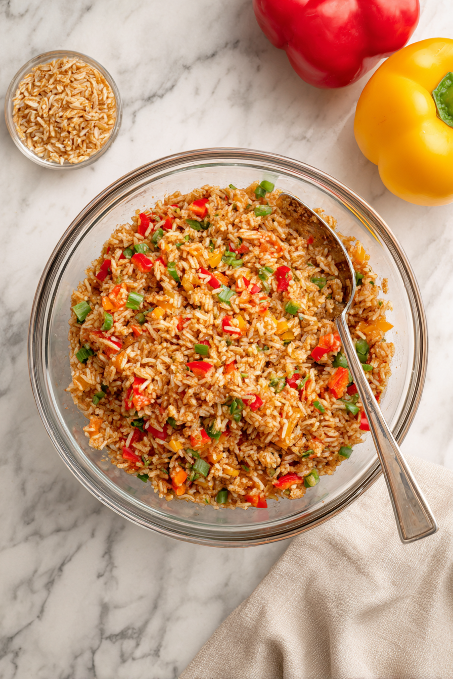 Fill each pepper with 1 to 1.5 cups of rice, using a spoon to create a rounded top.