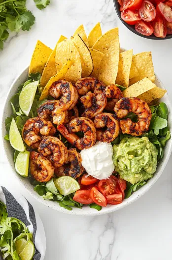 Top-down view of the assembled salad bowl topped with blackened shrimp, tortilla strips, lime wedges, and guacamole. The final touches of the salad are being added on the white marble cooktop.