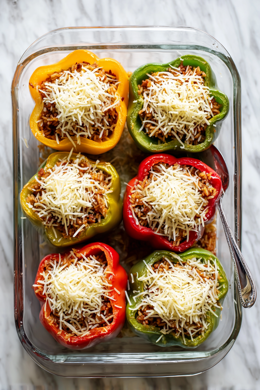 Arrange the stuffed peppers in the baking dish, rice side up. Sprinkle shredded Parmesan cheese on top.