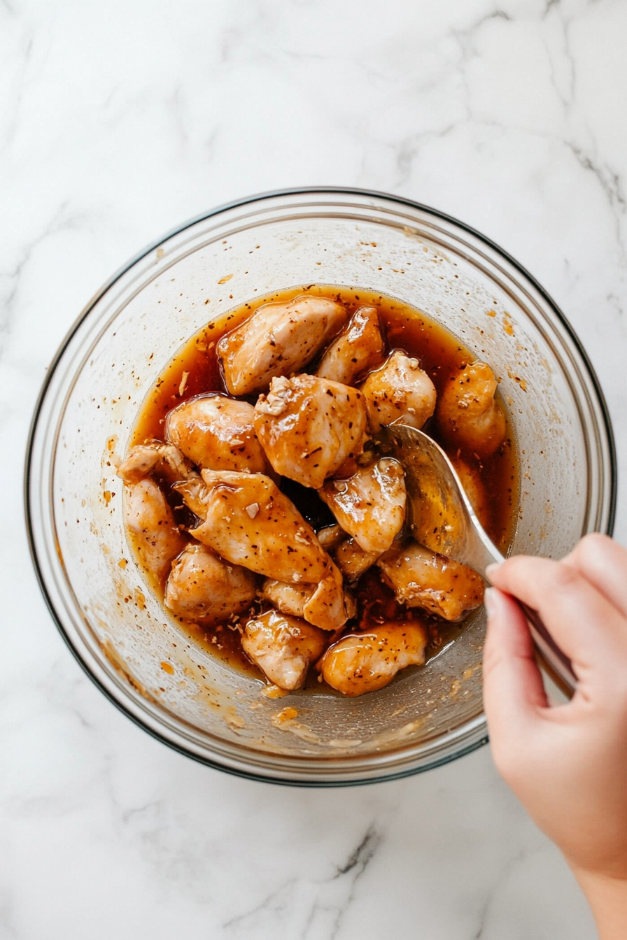 This image shows raw chicken legs and thighs being thoroughly coated in a sticky orange marmalade and rosemary marinade, ensuring they absorb all the flavors before baking.