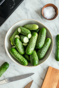 This image shows medium-size pickling cucumbers being washed and sliced, ready to be used for the sweet pickle recipe, ensuring they are clean and properly cut for pickling.