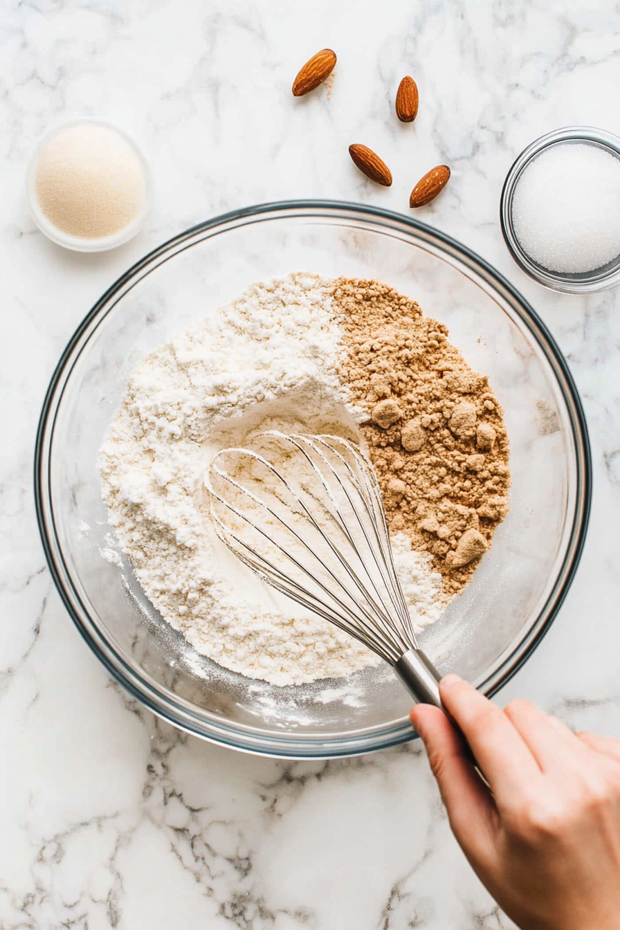 This image shows a large mixing bowl where flour, granulated sugar, baking powder, and a pinch of salt are being whisked together to form the dry ingredient mixture for the cherry bread batter.