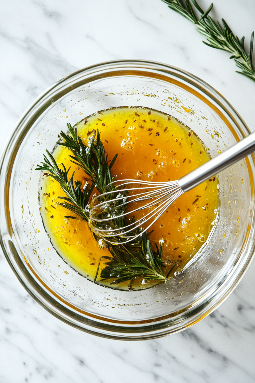 This image shows the process of whisking orange marmalade, white wine vinegar, chopped rosemary, and olive oil in a bowl to create the flavorful marinade for the chicken.