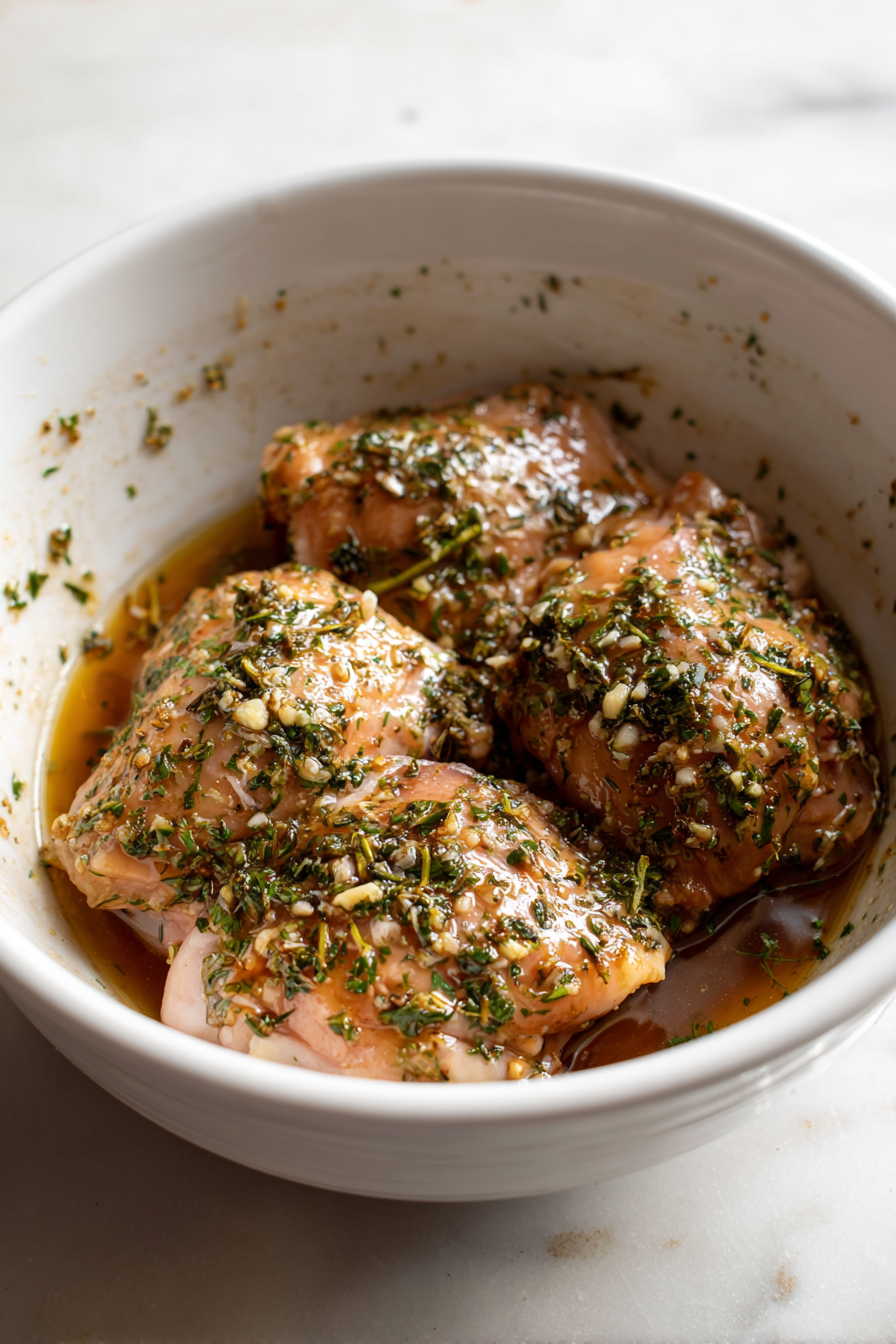 Add 2 pounds of chicken thighs to the bowl and spoon the marinade over the top