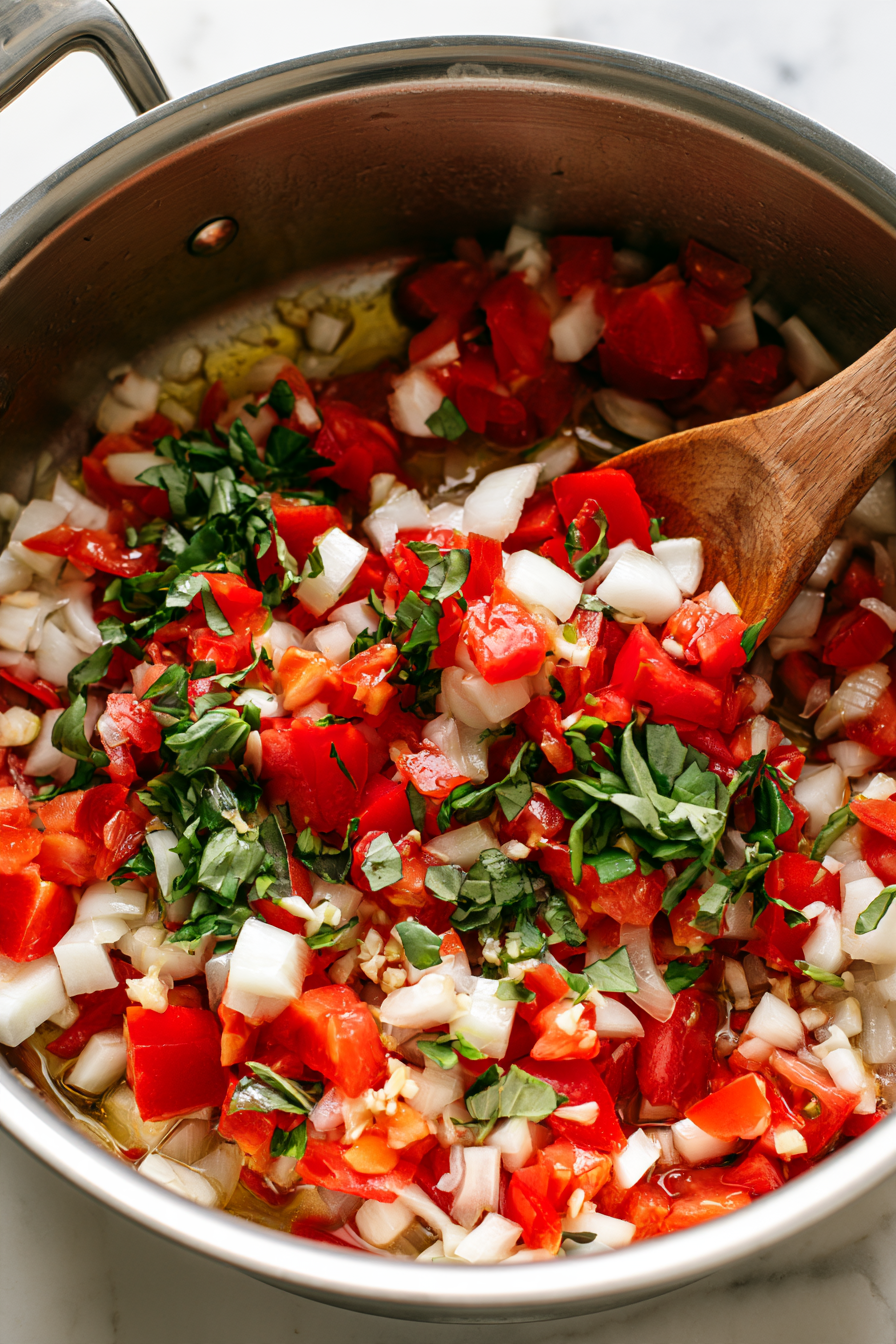 Add the chopped onion, tomato, basil, and garlic. Saute until the onion begins to soften, about 5 minutes